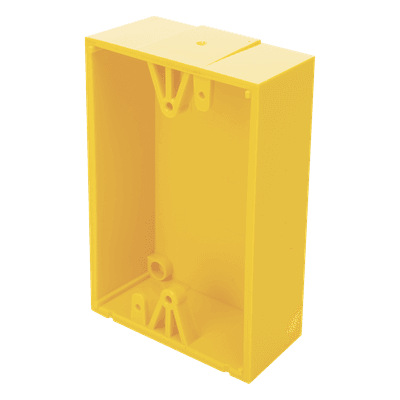 Caja de Montaje Superficial / Policarbonato Resistente / Perfil Bajo 1.5 pulgadas (38 mm) / Compatible con Botones de Emergencia / Activación Tipos 2, 5, 6, 7, 8 y 9 KIT-71100A-Y STI