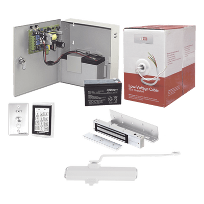 Sistema de Control de Acceso / Teclado Antivandálico con Lector / Chapa Magnética 600 lb (272 kg) / Cierrapuerta 40-65 kg / Fuente 12VCC 3A con Batería de Respaldo ACCESSKIT11P SYSCOM