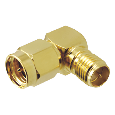 Adaptador en Ángulo Recto / SMA Macho a SMA Hembra Inverso / Cuerpo Bronce Oro / Contacto Oro / Aislante Teflón