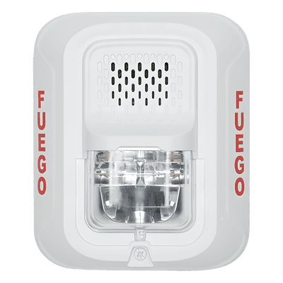 Sirena con Lámpara Estroboscópica a 2 Hilos, Montaje en Pared, Color Blanco, Configuración Estroboscópica Seleccionable y Texto en Español, Nuevo Diseño Moderno y Elegante y Menor Consumo de Corriente P2WL-SP SYSTEM SENSOR