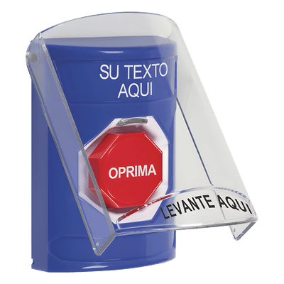 Botón de emergencia con tapa protectora / Restablecimiento con llave / Texto personalizable 2 líneas / LED opcional R/G/B / Montaje en superficie SS2-422-ZA-ES STI