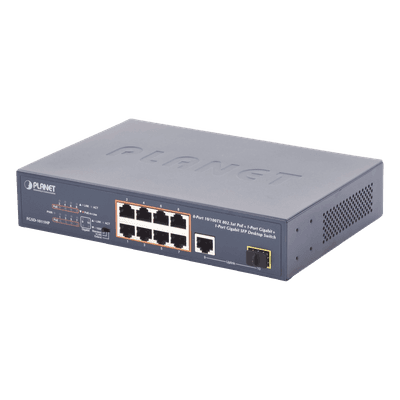 Switch no Administrable 8 puertos 10/100 PoE 802.3af/at 135W, 1 puerto Uplink 10/100/1000 y 1 SFP 100/1000 para escritorio FGSD-1011HP PLANET