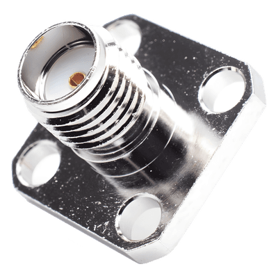 Conector SMA Hembra / Montaje Panel Cuadrado 12.7 mm (0.5 in) / 4 Perforaciones 8.64 mm (0.34 in) / Soldable / Níquel-Oro-PTFE RSA-3271 RF INDUSTRIES,LTD