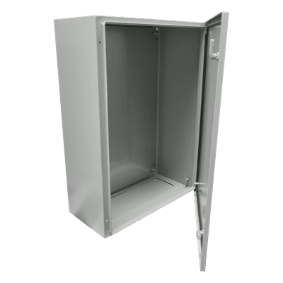 Gabinete de Acero IP66 Uso en Intemperie (400 x 600 x 200 mm) con Placa Trasera Interior Metálica y Compuerta Inferior Atornillable (Incluye Chapa y Llave). PST-4060-20A PRECISION