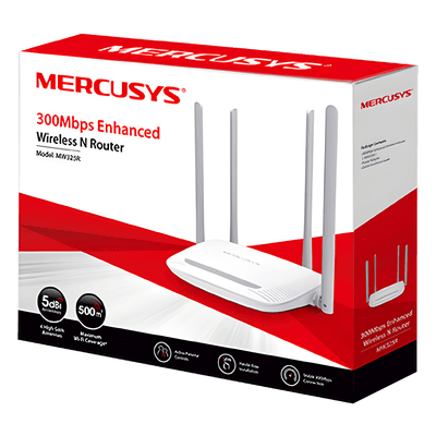 Router Inalámbrico N / 300 Mbps / 2.4 GHz / 1 Puerto WAN 10/100 Mbps / 3 Puertos LAN 10/100 Mbps / 4 Antenas 5 dBi MW325R Mercusys