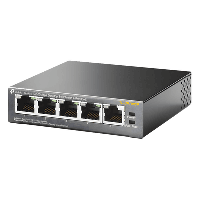 Switch PoE no administrable / 5 puertos Fast Ethernet / 4 puertos PoE 802.3af/at / Presupuesto 67 W / Alcance 250 m (820 pies) / Prioridad de video TL-SF1005P TP-LINK