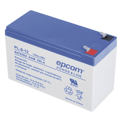 Batería 12 Vcc / 9 Ah / UL / Tecnología AGM-VRLA / Para uso en equipo electrónico Alarmas de intrusión / Incendio/ Control de acceso / Video Vigilancia / Terminales F1 / Cargador recomendado CHR-80. PL912 EPCOM POWERLINE