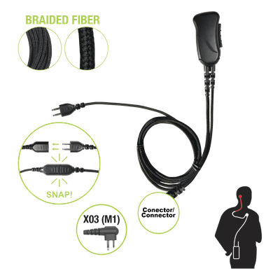 Micrófono de solapa / Cable fibra trenzada anti-enredos / Conector SNAP 2 pines Motorola / Clip metal 360° SNP-1W-03-BF PRYME