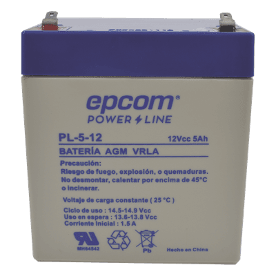 Batería 12 Vcc / 5 Ah / UL / Tecnología AGM-VRLA / Para uso en equipo electrónico Alarmas de intrusión / Incendio/ Control de acceso / Video Vigilancia / Terminales F1 / Cargador recomendado CHR-80. PL512 EPCOM POWERLINE