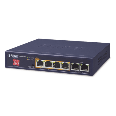 Switch PoE+ / 4 Puertos Gigabit 802.3at / 2 Puertos Uplink / 65W Total / 820 pies Extensión GSD-604HP PLANET