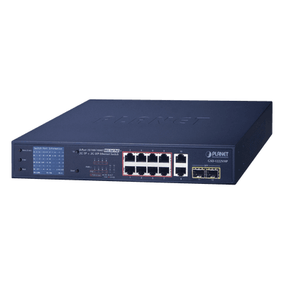 Switch PoE No Administrable / 8 Puertos Gigabit RJ45 / 2 Uplink Gigabit / 2 SFP / PoE 802.3af/at 32W / Presupuesto 120W / Extender 250 m (820 ft) / Pantalla LCD