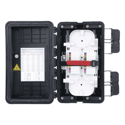 Caja de Distribución de Fibra Óptica / 96 Empalmes / IP65 Exterior / 4 Charolas / Polipropileno + Fibra de Vidrio UV / 2 Entradas 8-20mm y 5-16mm