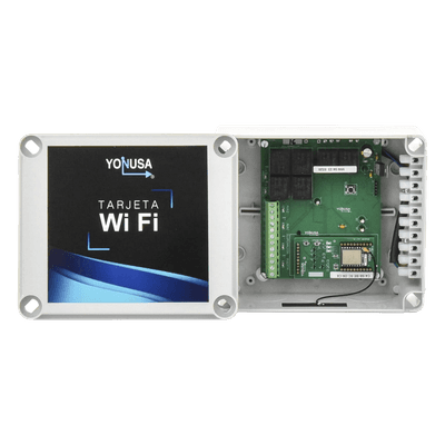 Modulo WIFI con gabinete para uso en Energizadores YONUSA/Aplicación sin costo/Activación Remota de 4 salidas tipo Relay con alta capacidad. TARJET-WIFI-V2 YONUSA