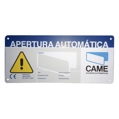 Letrero de Aviso de Peligro / 23 x 10 cm / Exterior / Puertas Automáticas / Fijación en Superficies Lisas 119-R224E CAME