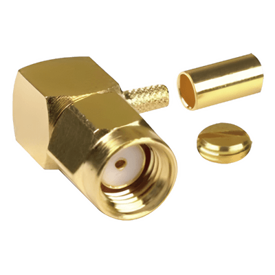Conector Coaxial SMA Macho Inverso / Ángulo Recto / Anillo Plegable / Compatibilidad RG-174/U y Belden 8216 / Cuerpo Bronce con Recubrimiento de Oro / Aislante Teflón RP-3010-1B RF INDUSTRIES,LTD