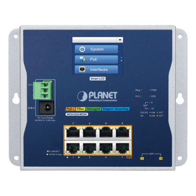Switch Industrial / 8 Puertos Gigabit PoE+ / 2 Puertos SFP 2.5G / Pantalla Táctil LCD / IP30 / -20 a 70°C / 240W PoE WGS-5225-8P2SV PLANET