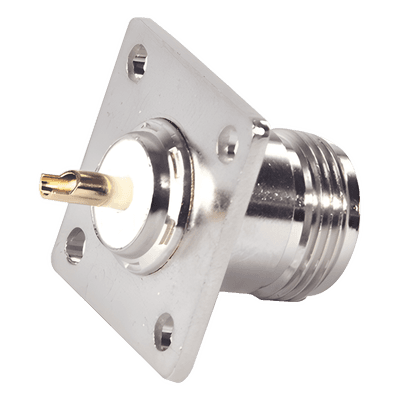 Conector N Hembra / Montaje en Panel / 4 Perforaciones 18 mm (0.71 in) / Pin Largo / Bronce Plateado / Contacto Oro / Aislante Teflón RFN-1021-SYS RF INDUSTRIES,LTD