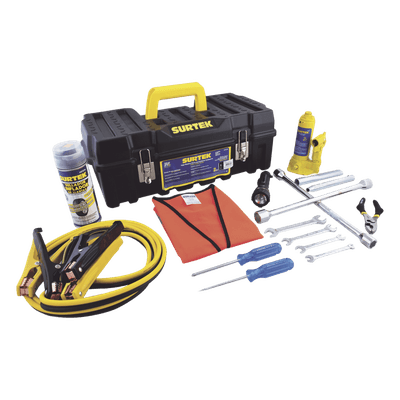 Juego de Herramientas Automotriz / 14 Piezas / Gato 2 Toneladas / Cables Pasacorriente 2.5 m (8.2 ft) / Llaves 8-15 mm / Poncholina 12 oz SYS-JA14 SURTEK