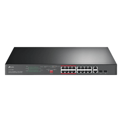 Switch PoE+ No Administrable de 16 puertos 10/100 Mbps / 2 puertos 10/100/1000 Mbps en Combo con 2 Puertos SFP / Presuuesto PoE 250 W / Extensor PoE de hasta 250 metros TL-SL1218MP TP-LINK
