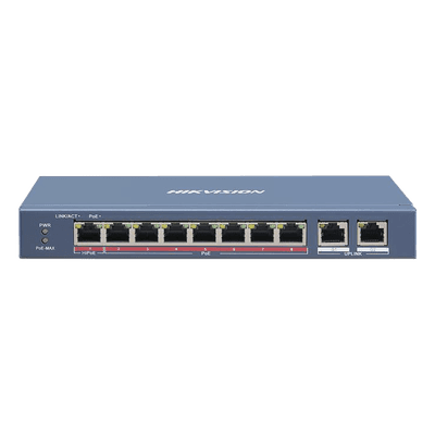 Switch PoE+ / 7 Puertos 10/100 Mbps 30 W / 1 Puerto Hi-PoE 90 W / 2 Uplink Gigabit / Extensión 300 m (984.3 ft) / 110 W DS-3E0310HP-E HIKVISION