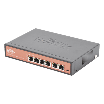 Switch PoE No administrable / PoE de Largo Alcance Hasta 250m / 4 Puertos PoE 10/100Mbps (Puerto 1 Hasta 60W, Puertos 2,3 y 4 Hasta 30W) + 2 Puertos 10/100Mbps Uplink / Presupuesto 65 W / Plug and Play WI-PS205 WI-TEK