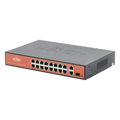 Switch PoE de largo alcance / 250m (820 pies) / 16 x 10/100Mbps PoE + 2 x Gigabit + 1 x SFP / 200W / No administrable WI-PS518G WI-TEK