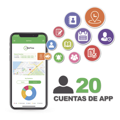 Licencia Móvil de Asistencia / 20 Usuarios / Checada con GPS y Fotografía / Operación Dual / Integración BioTimePro BIOTIMEAPP20 ZKTECO