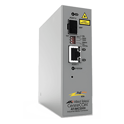 Convertidor de medios industrial PoE+ / 10/100/1000T a 100/1000X SFP / -40°C a 75°C / IP-30 / Sin ventilador / 70W PoE++ AT-IMC2000TP/SP-980 ALLIED TELESIS