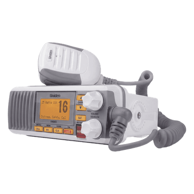 Radio Móvil Marina VHF / 25W / 1W Seleccionables / DSC Clase D con GPS / IPX4 / Monitoreo Triple Canal / Pantalla LCD / Blanco UM-385 UNIDEN