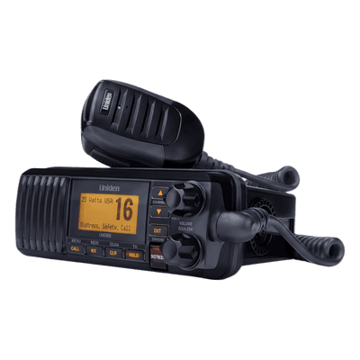 Radio Móvil Marino VHF / 25W / DSC Clase D con GPS / IPX4 / Pantalla LCD / Triple Watch UM-385BK UNIDEN