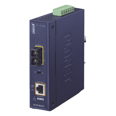 Convertidor de Medios Industrial PoE+ / 1000BASE-LX a 10/100/1000BASE-T / 802.3at / SC Monomodo / 20 km / -40 a 75 °C / IP30 DIN IGTP-802TS PLANET