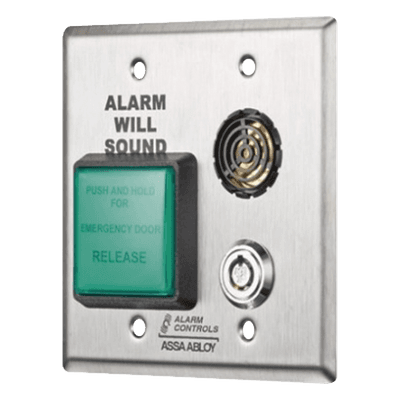 Estación de Egreso Temporizado / Acero Inoxidable / 12-24V DC / Retraso 2s / 5A @ 35V DC / SPDT DE1B ALARM CONTROLS-ASSA ABLOY