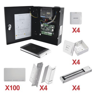 Kit de Control de Acceso por Tarjeta / 4 Puertas / 10,000 Tarjetas / 50,000 Eventos / Gabinete Metálico / 12VCC 8A / -20°C a 65°C / 11.2 x 9.3 x 2.7 pulgadas