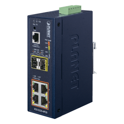Switch Industrial Administrable Capa 2 / 4 Puertos PoE 802.3af/at Gigabit / 2 Puertos SFP 100/1000X / Anillo Redundante