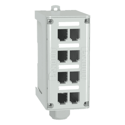 Panel de Parcheo Modular para Fibra Óptica, de Instalación en Riel DIN Estándar de 35mm, 8 Puertos Mini-Com, Color Gris FDME8RG PANDUIT