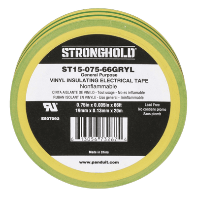Cinta Eléctrica de Aislamiento / PVC 0.13 mm (5 mil) / 19.05 mm x 20.12 m (66 ft) / Adhesivo a Presión / Amarillo/Verde ST15-075-66-GRYL PANDUIT