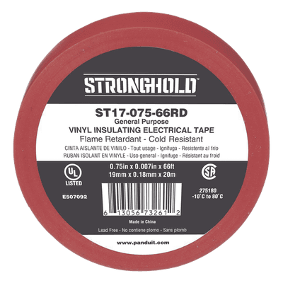 Cinta Aislante Eléctrica / PVC 0.18 mm / 19 mm Ancho / 20.12 m (66 ft) Largo / 600V / -10°C a 80°C / Rojo ST17-075-66RD PANDUIT