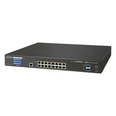 Switch Administrable Capa 3, 16 Puertos Gigabit con PoE 802.3bt, 2 Puertos 10 G SFP+, Pantalla Táctil (400 W) GS-5220-16UP2XVR PLANET