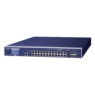 Switch Administrable Capa 3 / 24 Puertos Gigabit PoE++ 802.3bt 75 W / 600 W PoE Total / 4 Puertos 10G SFP+ / Pantalla Táctil LCD / Fuente Redundante CA/CC GS-5220-24UPL4XVR PLANET