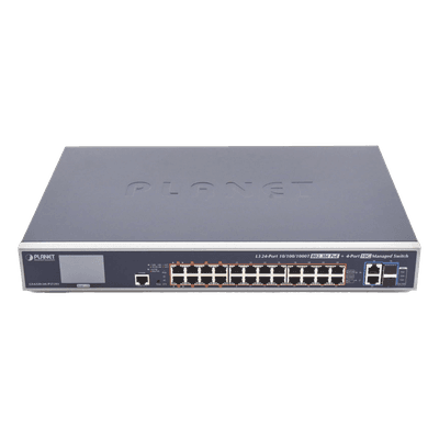 Switch Administrable L3 / 24 Puertos Gigabit PoE 802.3bt / 2 Puertos 10G SFP+ / Pantalla Táctil LCD / Fuente Redundante / 600W GS-6320-24UP2T2XV PLANET