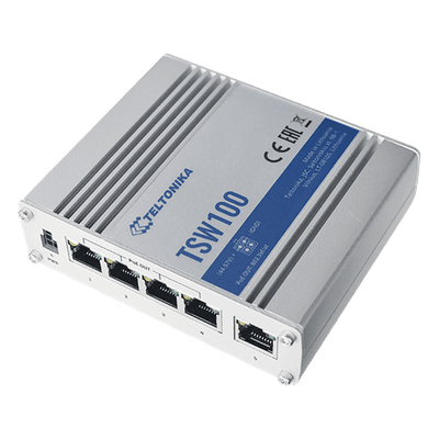 Switch Industrial No-Administrable / 5 Puertos Gigabit / 4 Puertos PoE+ 802.3af/at / 120W Total / -40°C a 75°C / Riel DIN / 115x32x95 mm (4.5x1.3x3.7 in) TSW100 TELTONIKA