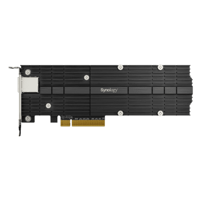 Adaptador Combinado SSD M.2 y 10 GbE | PCIe 3.0 x8 | 2 Ranuras NVMe M.2 22110/2280 | Puerto 10GBASE-T RJ45 | Autonegociación 10/5/2,5/1 Gbps | Compatible con SSD NVMe SNV3000. E10M20-T1 SYNOLOGY
