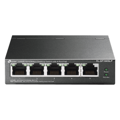 Switch PoE No Administrable / 5 Puertos 10/100 Mbps / 4 Puertos PoE 802.3af / Presupuesto 41 W / Extensión PoE 250 m (820 ft) / Sin Ventilador TLSF1005LP TP-LINK
