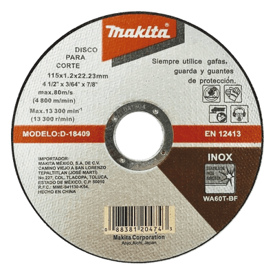 Disco de Corte / Acero Inoxidable / 115 mm (4-1/2') / Eje 7/8' / Espesor 1.2 mm D18409 MAKITA