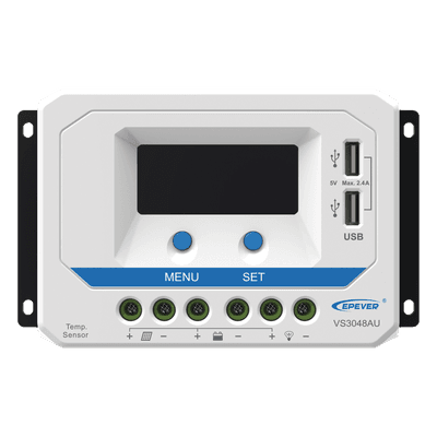 Controlador Solar PWM / 30A / 12/24/36/48V Auto / Tierra Positivo Común / Doble USB 2.4A / Pantalla LCD
