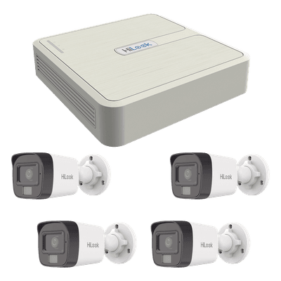 Kit de Videovigilancia IP / 4 Megapixel / NVR 4 Canales PoE+ / 4 Cámaras Bala Dual Light / IR 20 m (65.6 ft) / Audio Integrado / Exterior KIP4MP/4B HiLook by HIKVISION