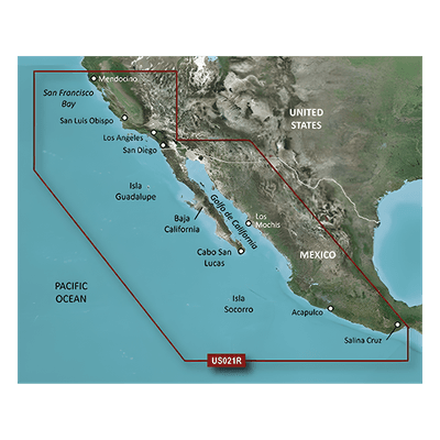 Carta Náutica Electrónica / Cobertura California a Puerto Vallarta / Gráficos Costeros de Alta Precisión / Auto Ruta por Profundidad / Contornos de 1' / 10 Rangos de Sombreado de Profundidad 10-C0722-20 GARMIN