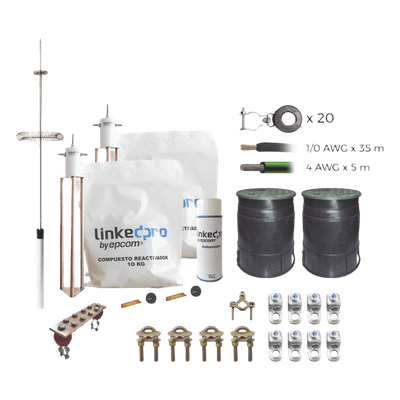 Kit Pararrayo con Accesorios de Instalación en Torre / 30 m (98 ft) / Radio Cobertura 72° / Cable 1/0 AWG / Conectores Cal. 4-2/0 AWG KLP-TZ30-PRO LINKEDPRO BY EPCOM