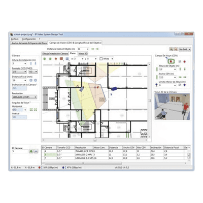 Software de Diseño para Sistema de Video IP / Hasta 256 Cámaras por Proyecto / Simulación 3D Fisheye / Importación CAD y Modelos 3D / Cálculo de Ancho de Banda y Almacenamiento IPVSDTEXPERT JVSG
