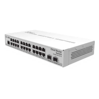 Switch / 24 Puertos Gigabit / 2 Puertos SFP+ 10G / Dual OS / 512 MB RAM / 800 MHz CPU / Fanless / PoE Pasivo / Doble Entrada DC CRS326-24G-2S+IN MIKROTIK